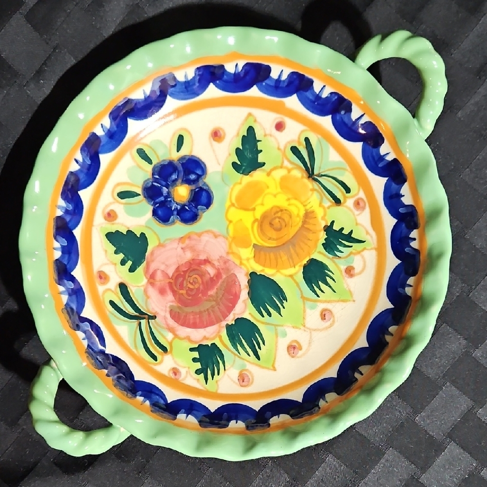 Bella Casa by Ganz Serving Dish Platter Ruffled Green Handles Hand Painted